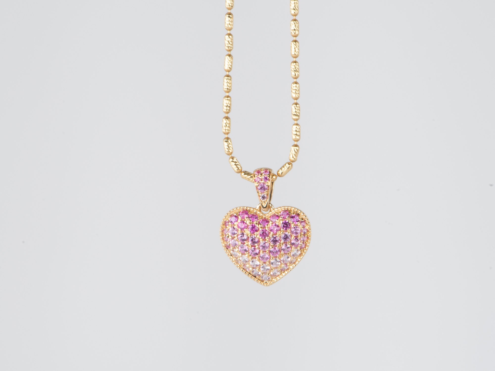 Pink Sapphire Heart Mini Pave Link Necklace Yellow Gold/Pink Sapphire