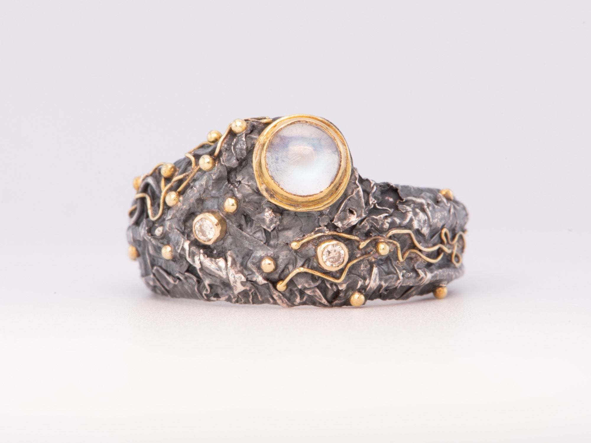 Unique Textured Wide Band Ring Moonstone Diamonds Sterling Silver