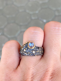 Unique Textured Wide Band Ring Moonstone Diamonds Sterling