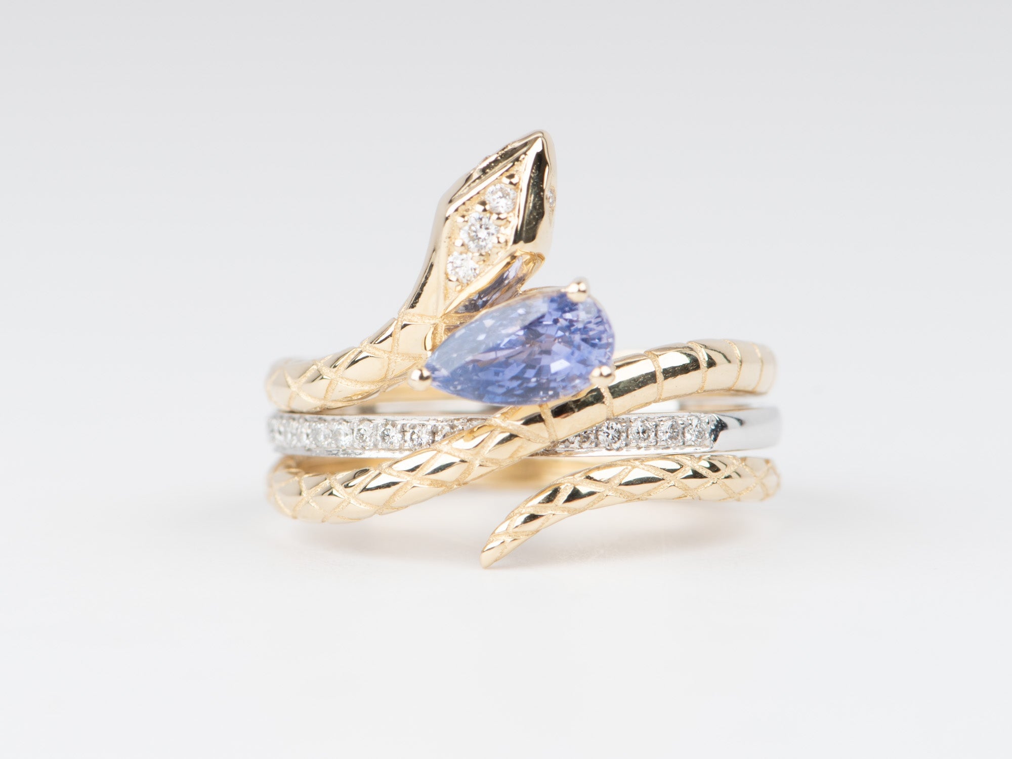 Lavender Purple Bi-Color Sapphire Snake Ring Set with Diamond Band 14K Gold R6664 Aurora Designer