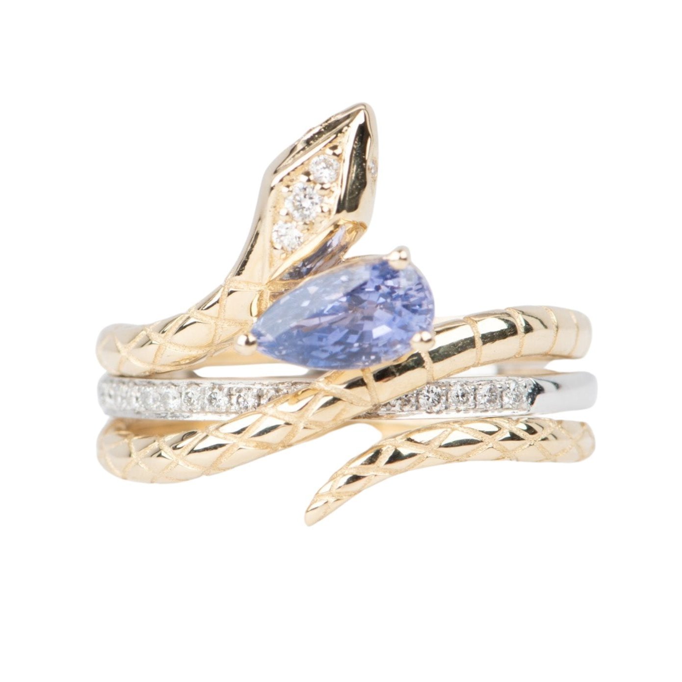 Lavender Purple Bi-Color Sapphire Snake Ring Set with Diamond Band 14K Gold R6664 Aurora Designer