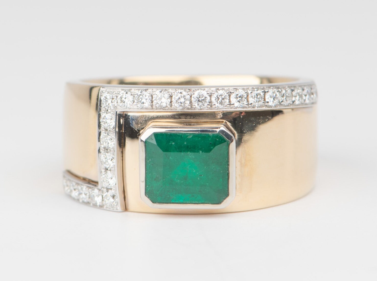 Emerald Bezel Set on 10.5mm Wide Band with Diamond Accent 14K Gold R66 -  Aurora Designer