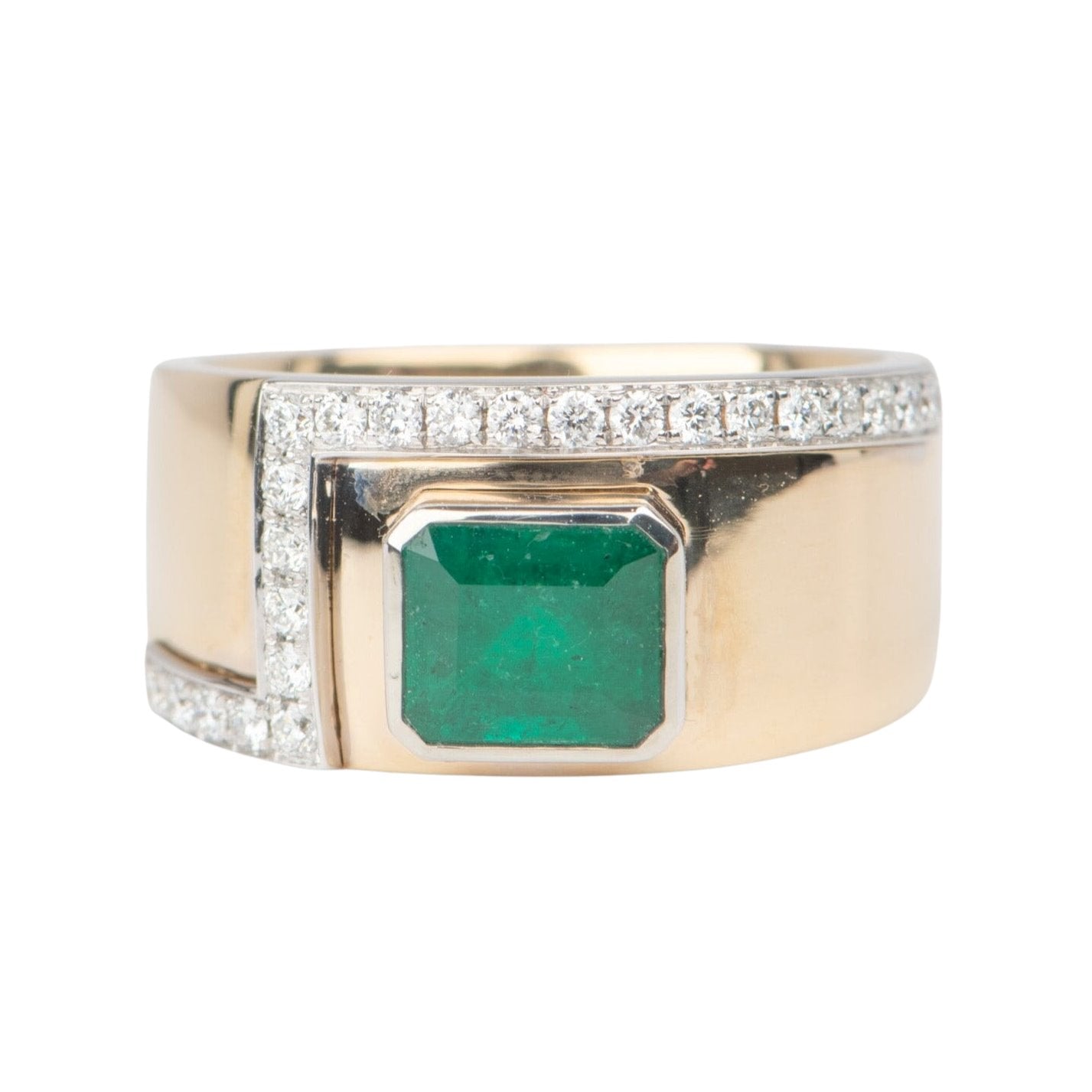 Emerald Bezel Set on 10.5mm Wide Band with Diamond Accent 14K Gold R6668 Aurora Designer