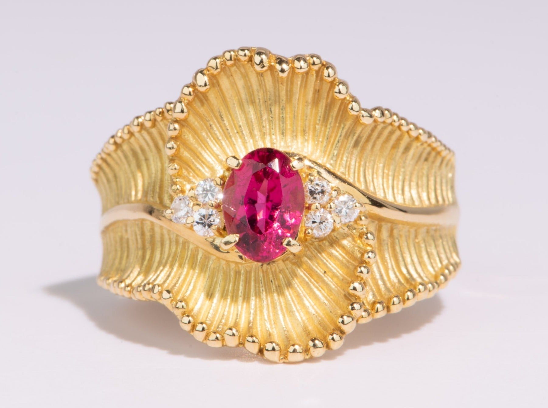 Curved Ribbon Pink Tourmaline Rubellite Ring 18K Gold V1102