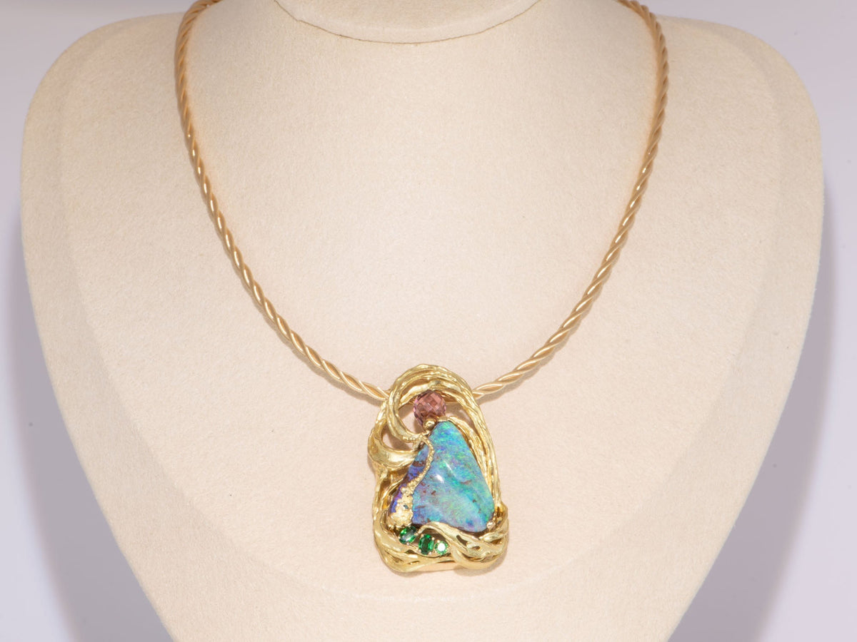 Australian Koroit Boulder Opal 18 cts. BLUE topaz 6 cts Double Drop buy Pendant Set in Alchemia (Zero Karat Gold) 2.0 inch Drop Length