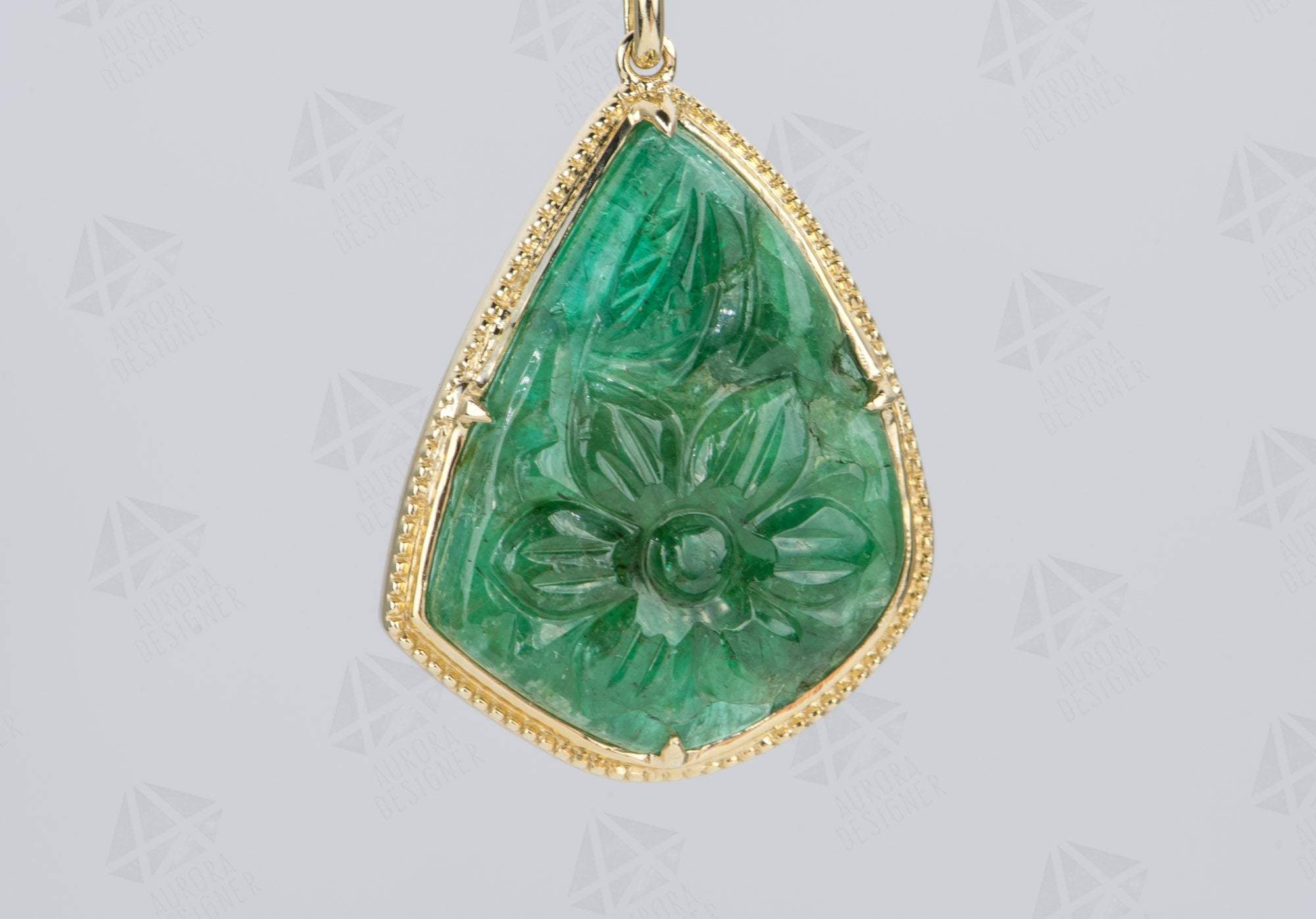 12.7ct Floral Carved Emerald Pendant 14K Yellow Gold Charm Beaded