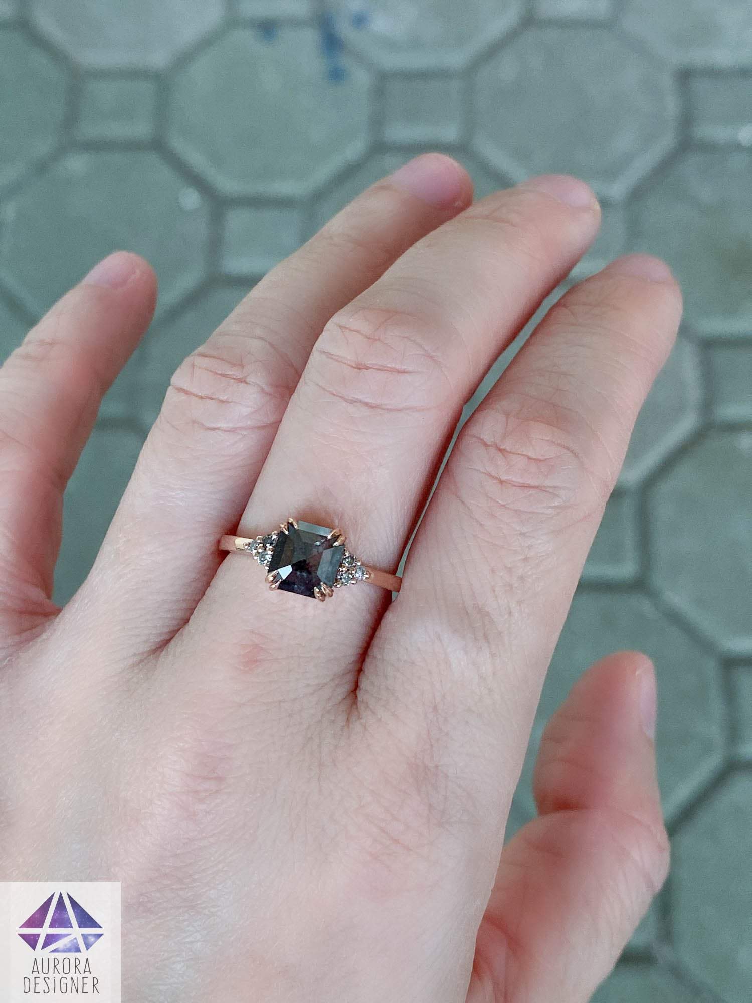 14K Gold Ring with Rose Cut Salt & Pepper Diamond and Green Sapphires