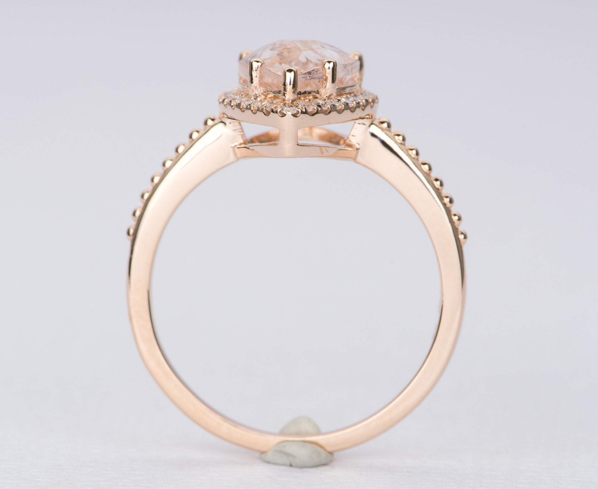 Halo Diamond Pear Morganite Engagement Ring in Rose Gold Pavé Band 14K White Gold / 10.5