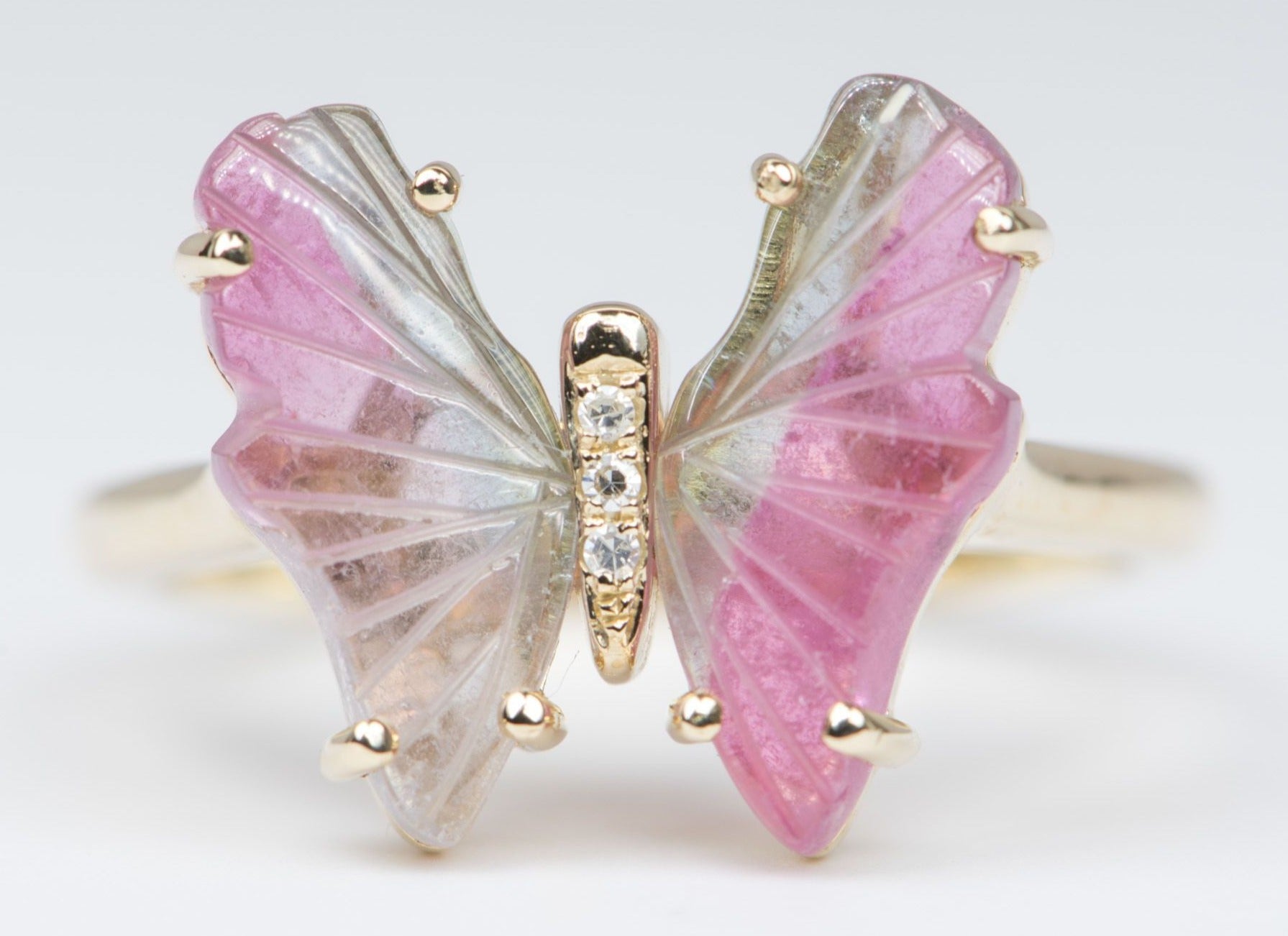 Ombre Mint Green-Pink Tourmaline Carved Butterfly & Diamond Ring - Yates &  Co Jewelers