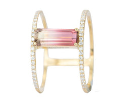 Bicolor Long Rectangle Tourmaline Ring 14K Yellow Gold on