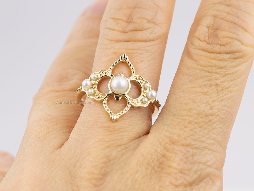 Flower Pearl Ring 14K Yellow Gold