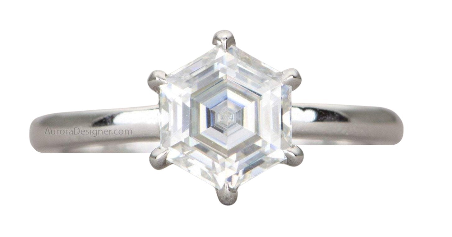 6.5mm Hexagon Moissanite Engagement Ring 14K 18K Gold Platinum PT950 Claw  Prong Set AD1884