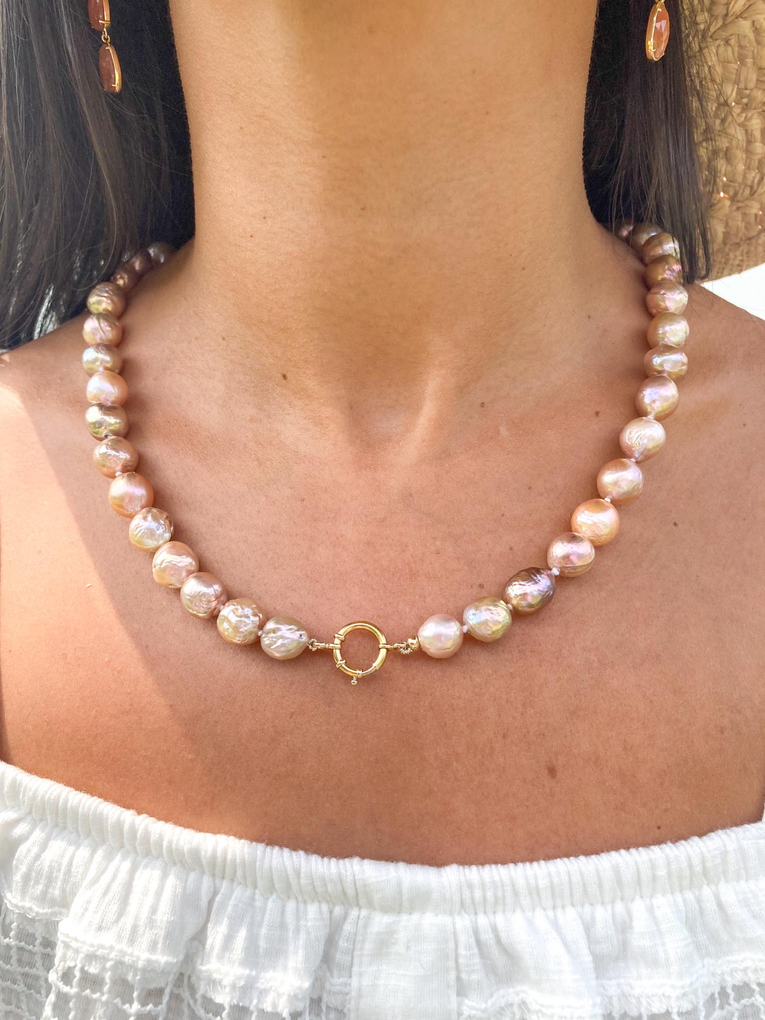 9-12mm Iridescent Peachy Pink Baroque Pearl Necklace with 14K Gold