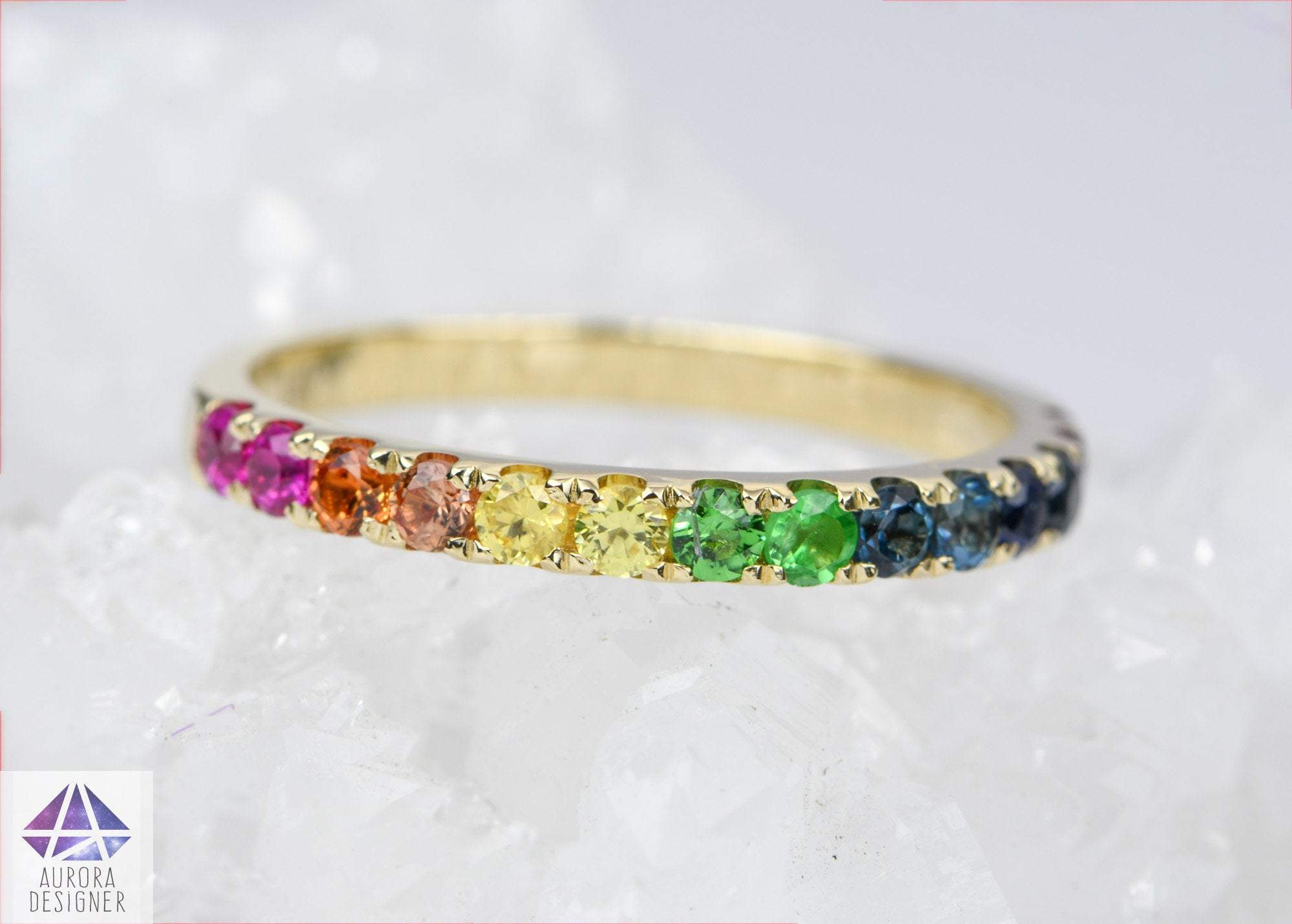 14K Gold Rainbow Multicolor Sapphire (4MM) Eternity Ring – Noray Designs