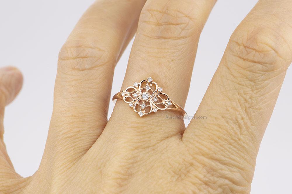 14K White Gold Dainty Floral Style Round Diamond Ring
