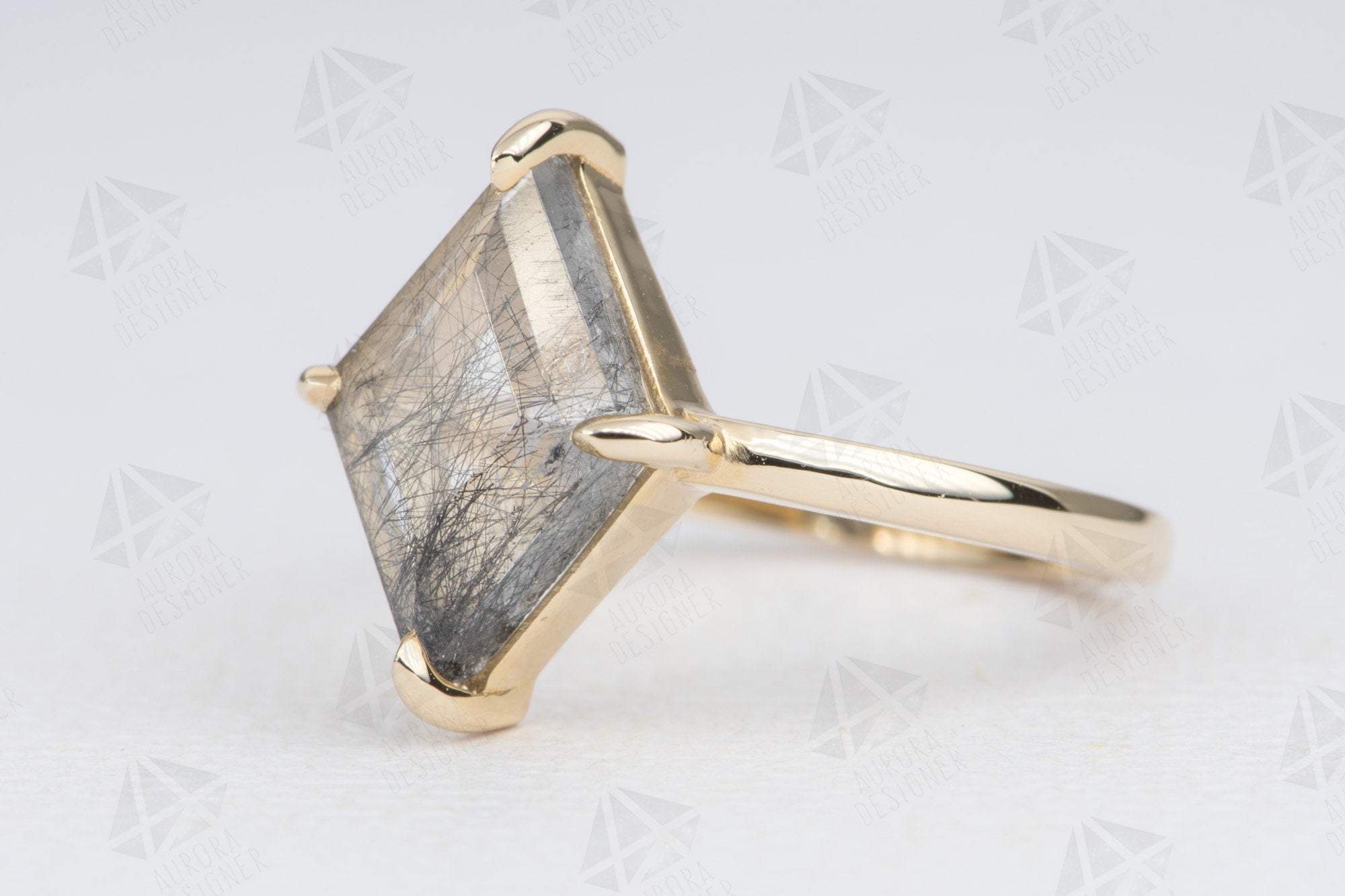 Kite Shape Black Rutilated Quartz 14K Yellow Gold Ring Solitaire