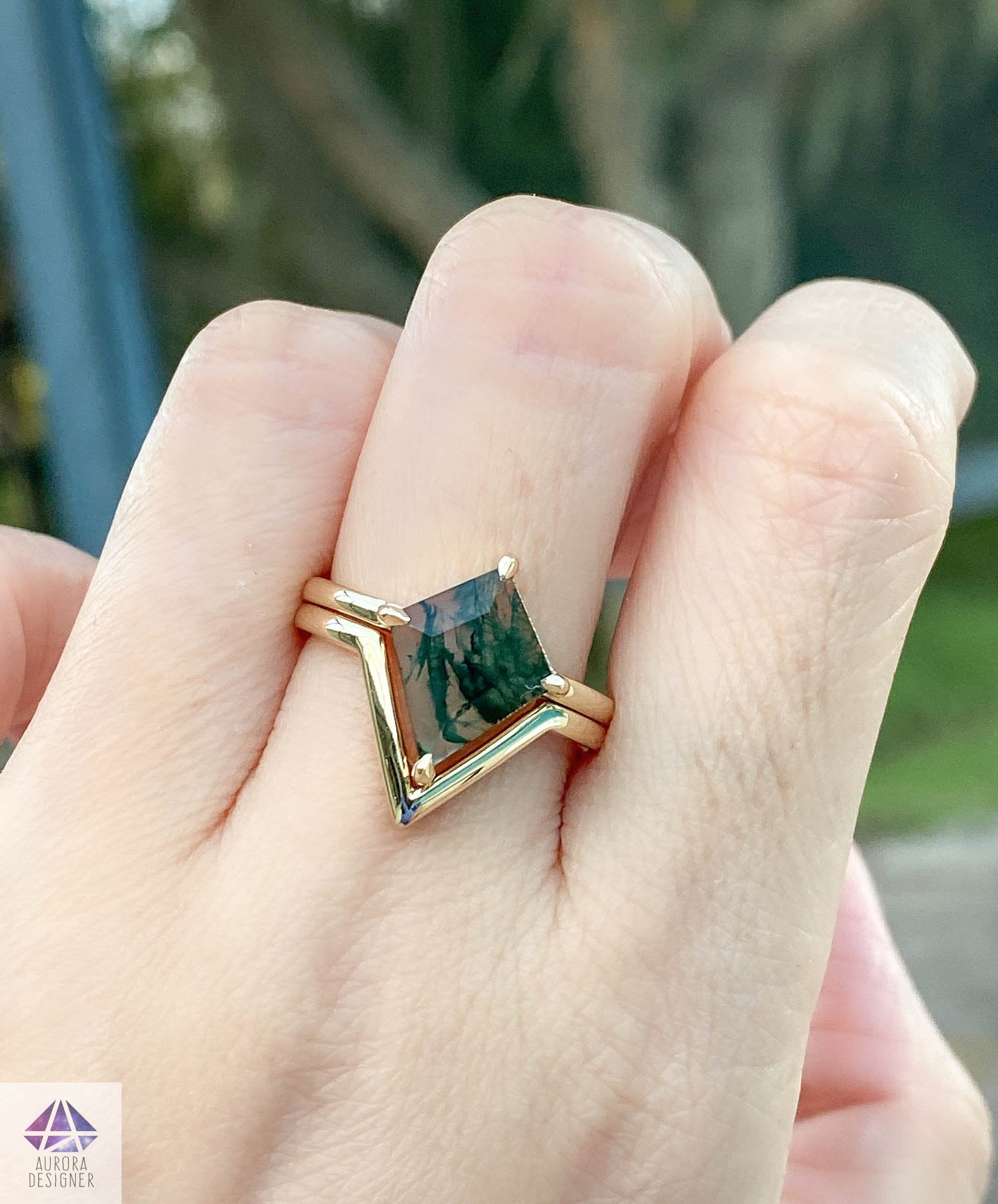 The Shenandoah | Men's Gold Moss Agate Wedding Band with Gold Flakes | Rustic and Main