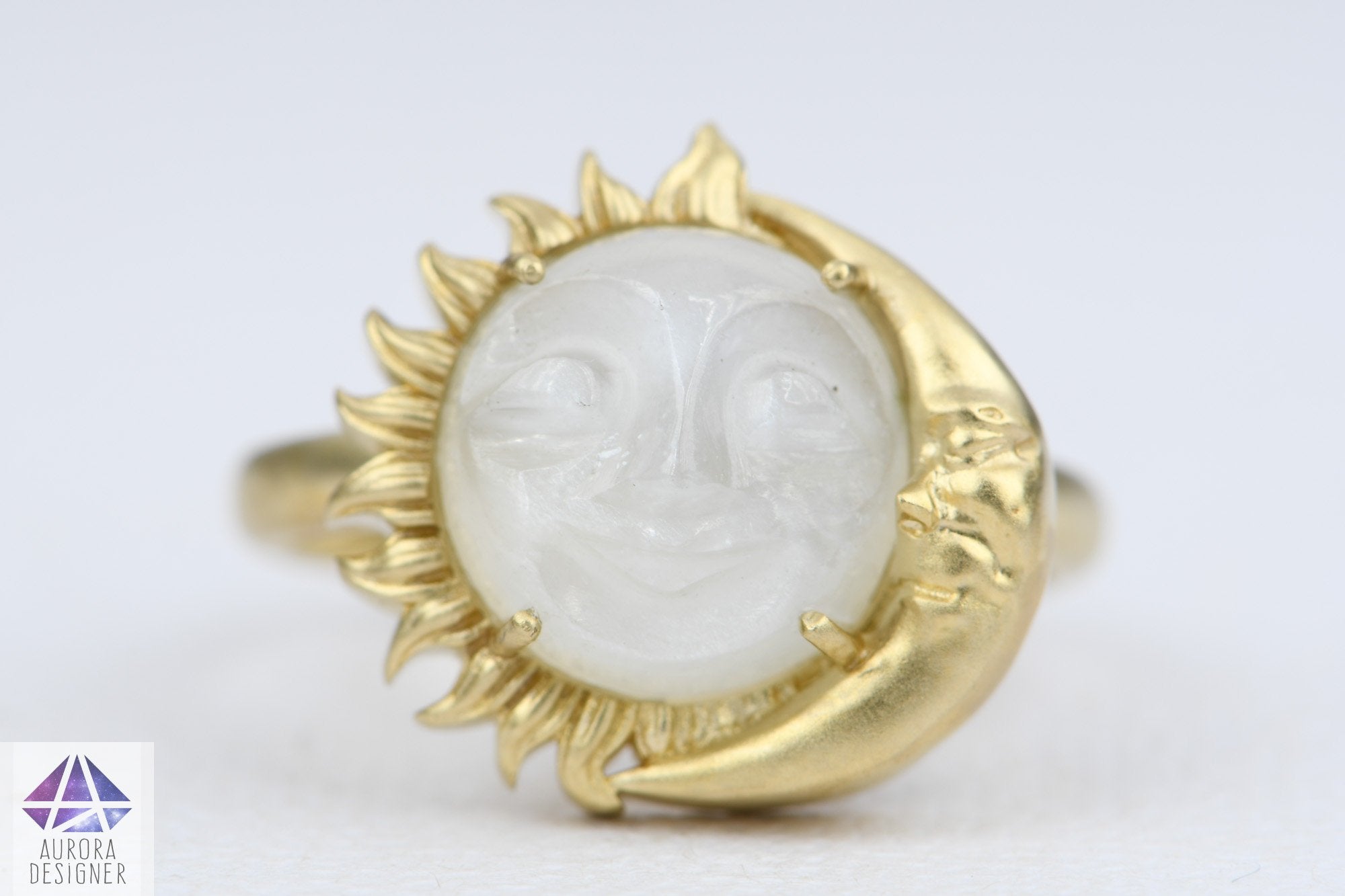 14k Gold Carved Moonstone Man in the Moon Ring w Stars. Tiny **Video**