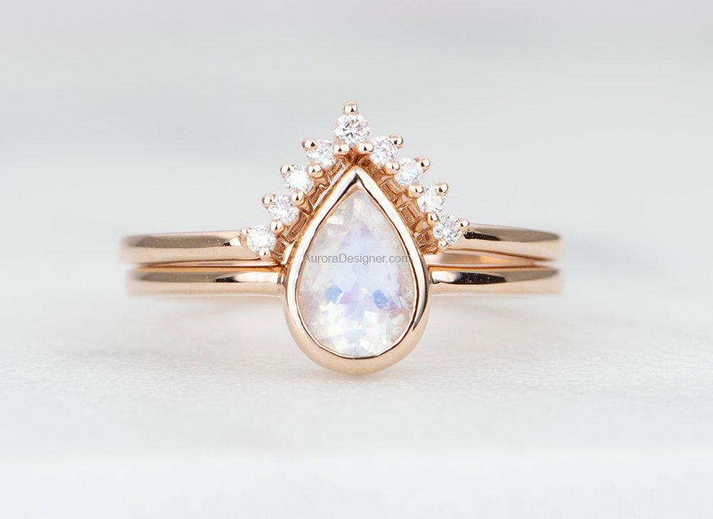 Rainbow Moonstone Engagement factory Ring Set Kite Shaped Moonstone Art Deco Wedding Ring Set 14k Gold Moonstone 2 Piece Bridal Promise Ring Set