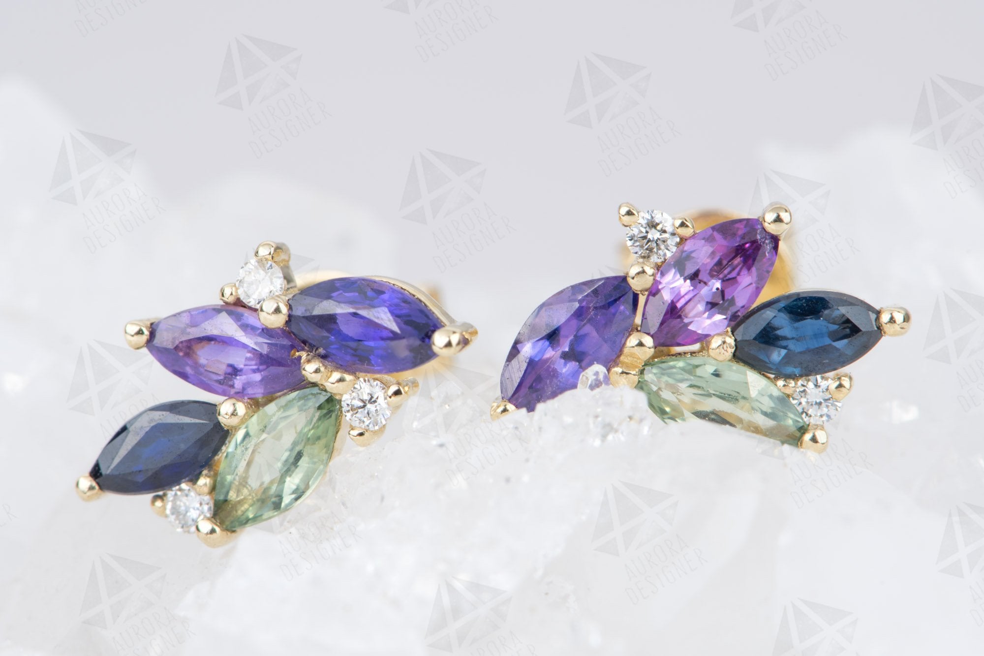 Purple Blue Green Pink Sapphire Diamond Cluster Earrings 14K Gold