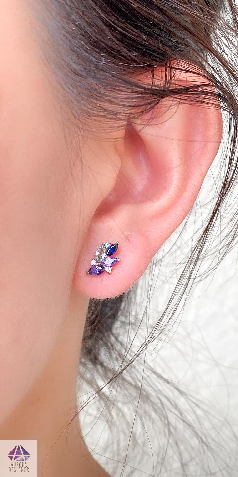 Purple Blue Green Pink Sapphire Diamond Cluster Earrings 14K Gold