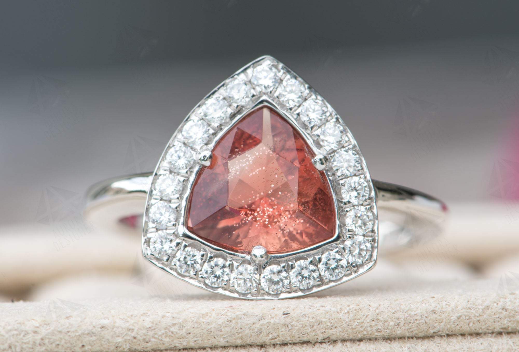 Trillion Oregon Sunstone with Diamond Halo 14K White Gold